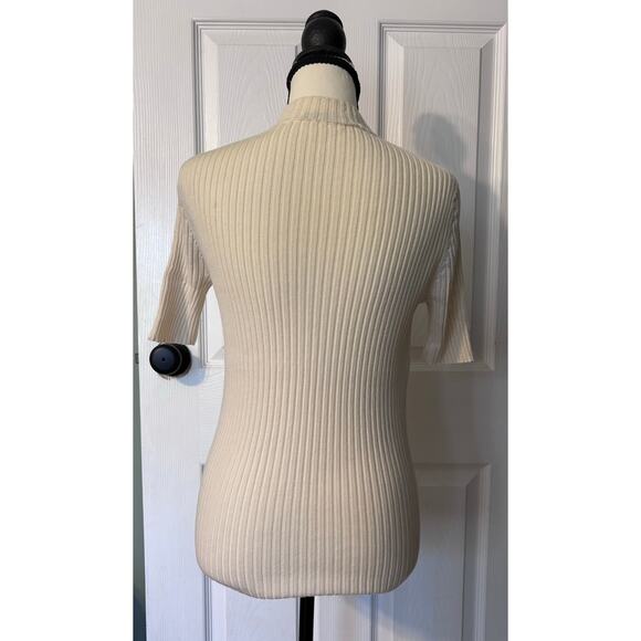 MM Lafleur Short Sleeve Shirt Women's Small Cream Ribbed Merino Wool Mock Neck - Picture 4 of 8